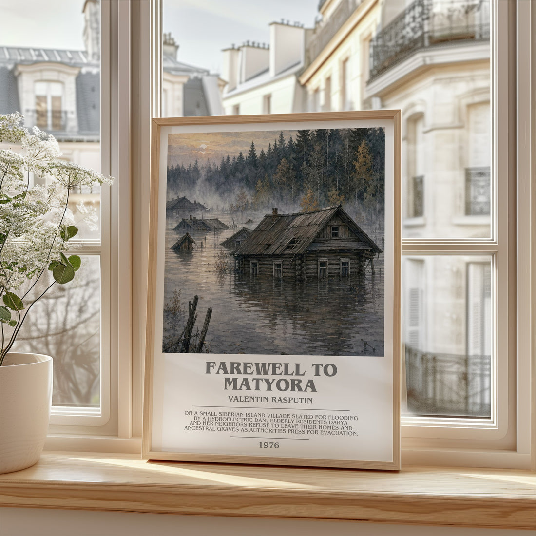 Farewell To Matyora Bookish Wall Art by Valentin Rasputin – framed print by a bright window