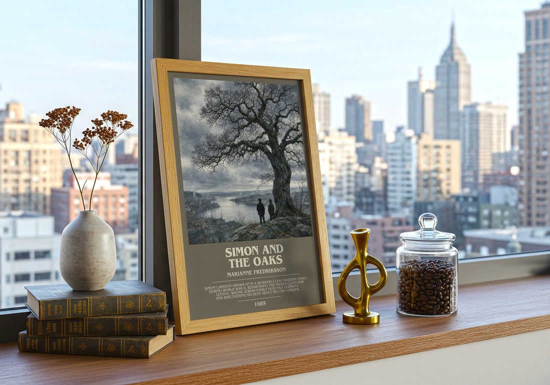 Simon and the Oaks Bookish Wall Art by Marianne Fredriksson – framed print on a city-view windowsill