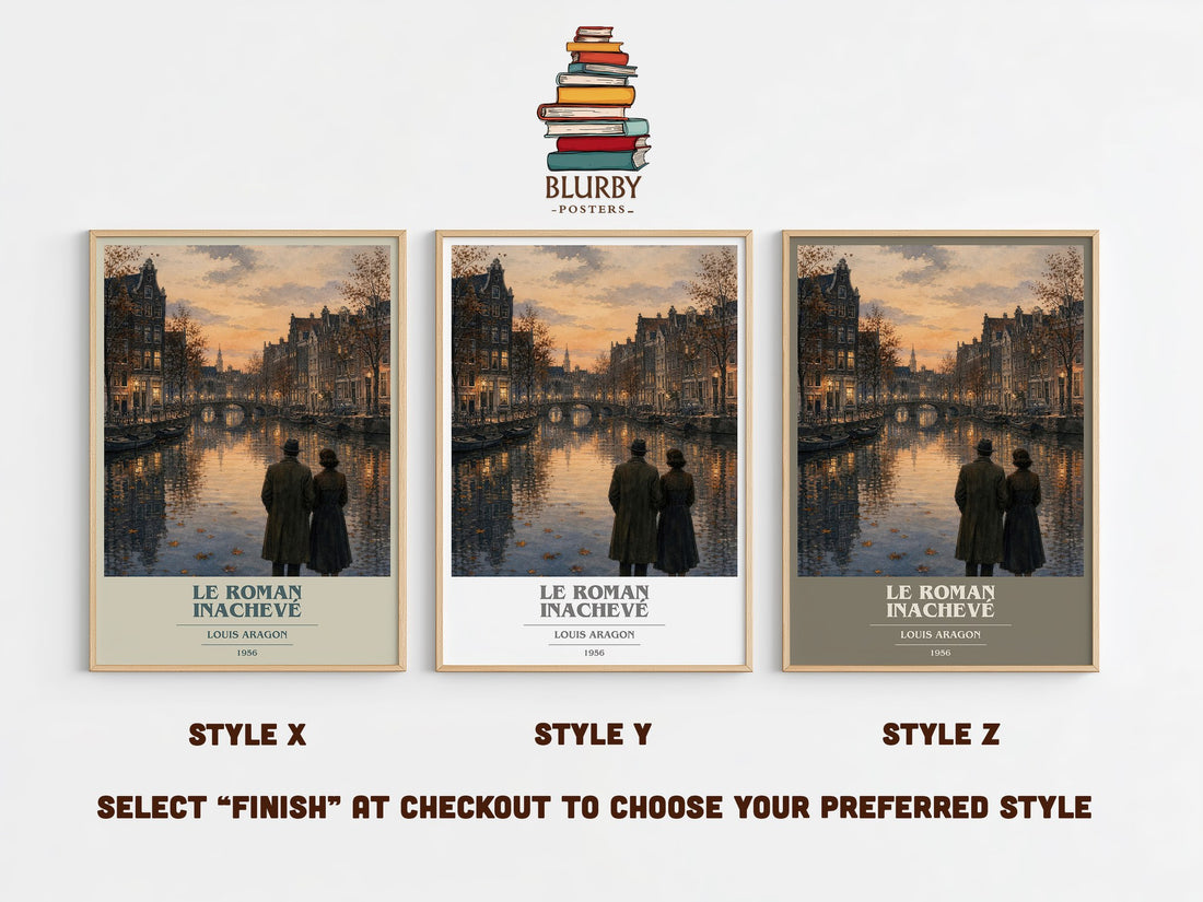 Le Roman Inachevé book cover print in frame leaning in hallway – poetry wall art (mockup)