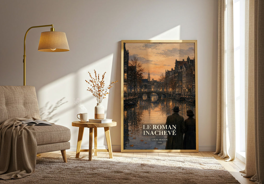 Le Roman Inachevé watercolour print in frame leaning in hallway – poetry wall art