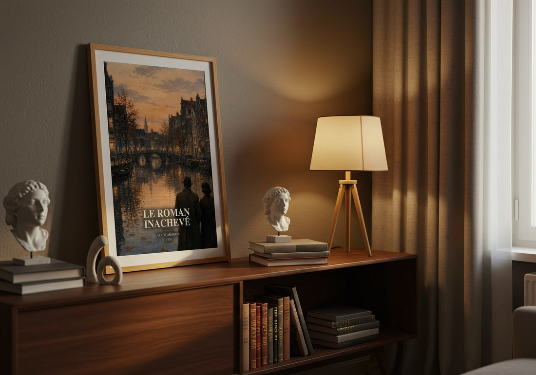 Le Roman Inachevé watercolour print on bookshelf – Louis Aragon fan gift