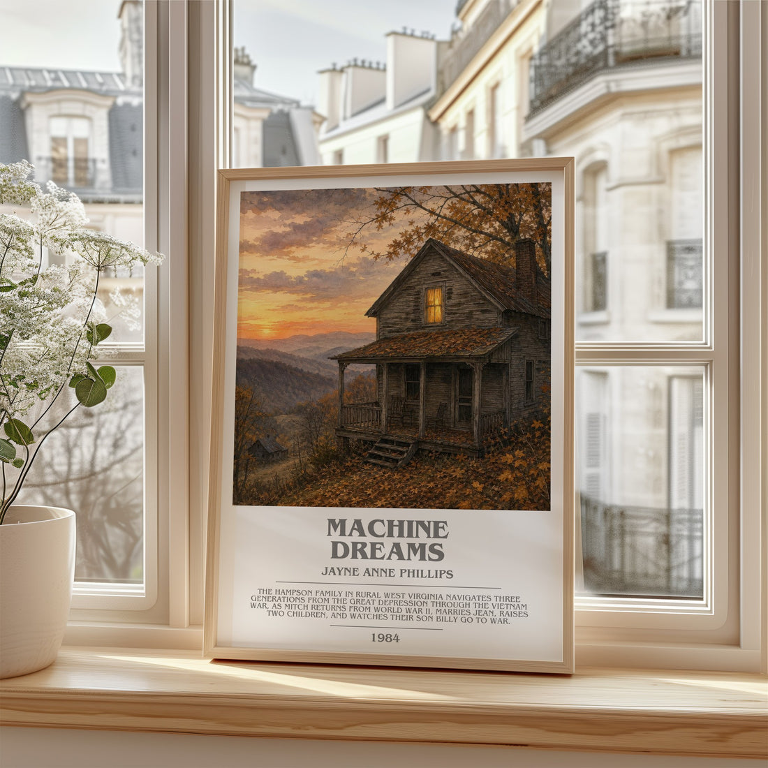 Machine Dreams Bookish Wall Art by Jayne Anne Phillips – framed print by a bright window