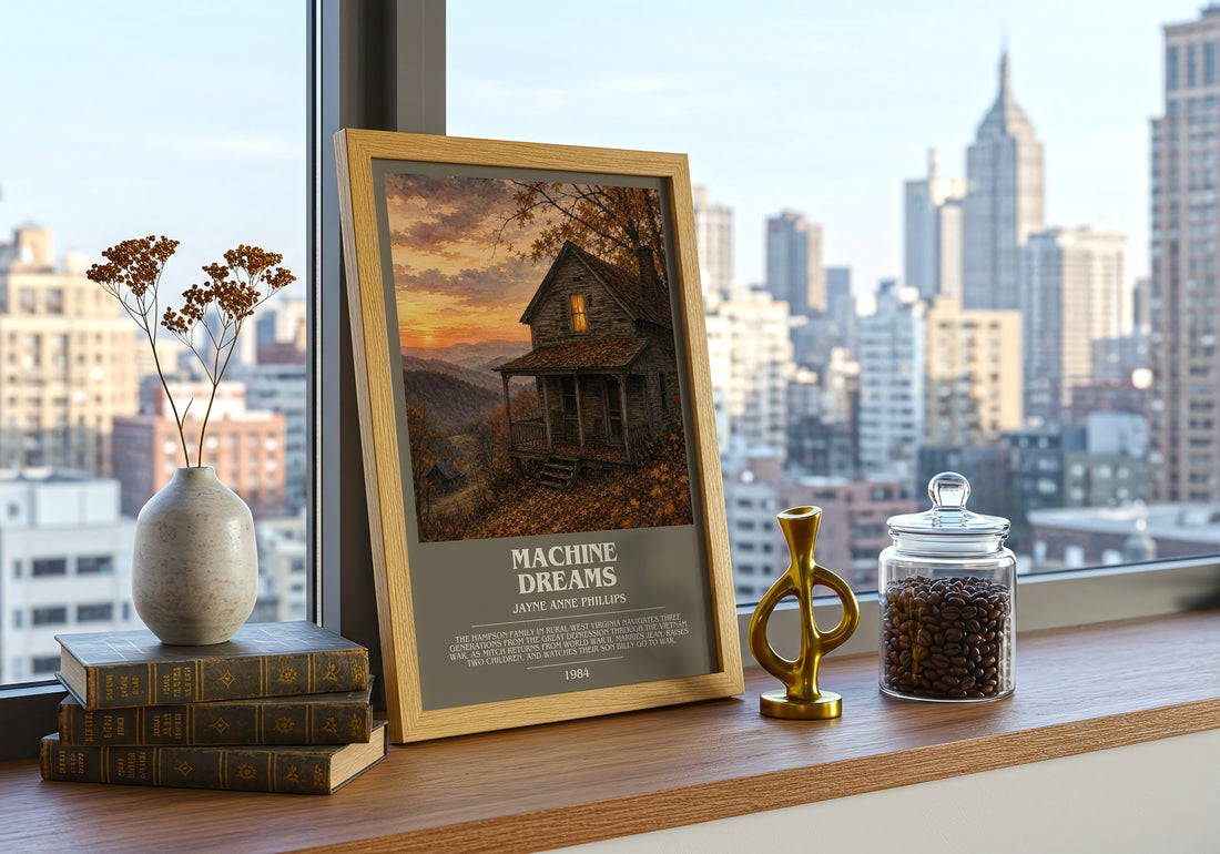 Machine Dreams Bookish Wall Art by Jayne Anne Phillips – framed print on a city-view windowsill