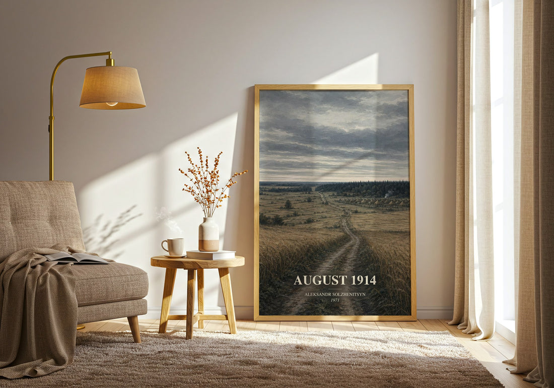 August 1914 watercolour print in frame leaning in hallway – historical fiction wall art