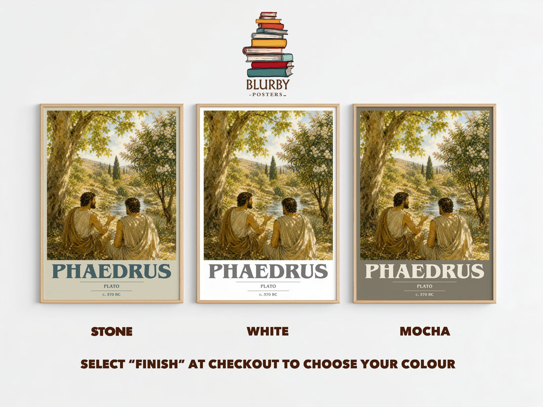 Phaedrus book cover print framed by window – Stone, White and Mocha side by side – choose your colour