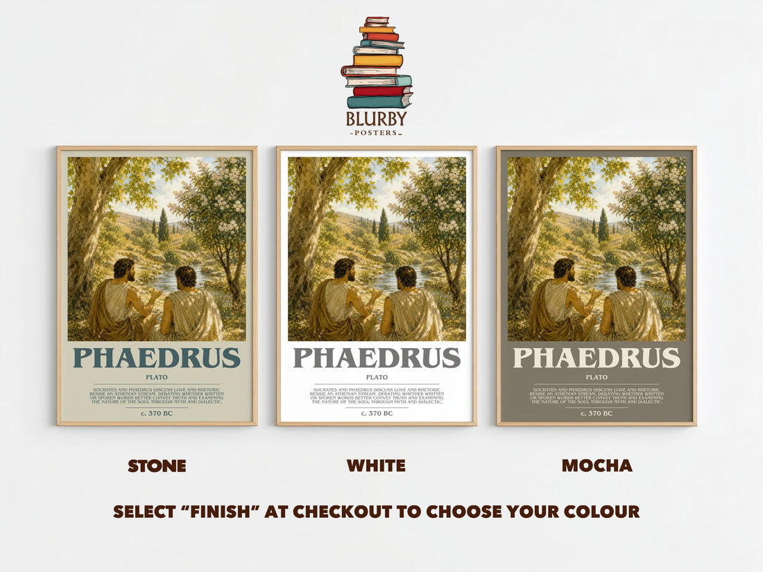 Phaedrus bookish print framed by window – Stone, White and Mocha side by side – choose your colour