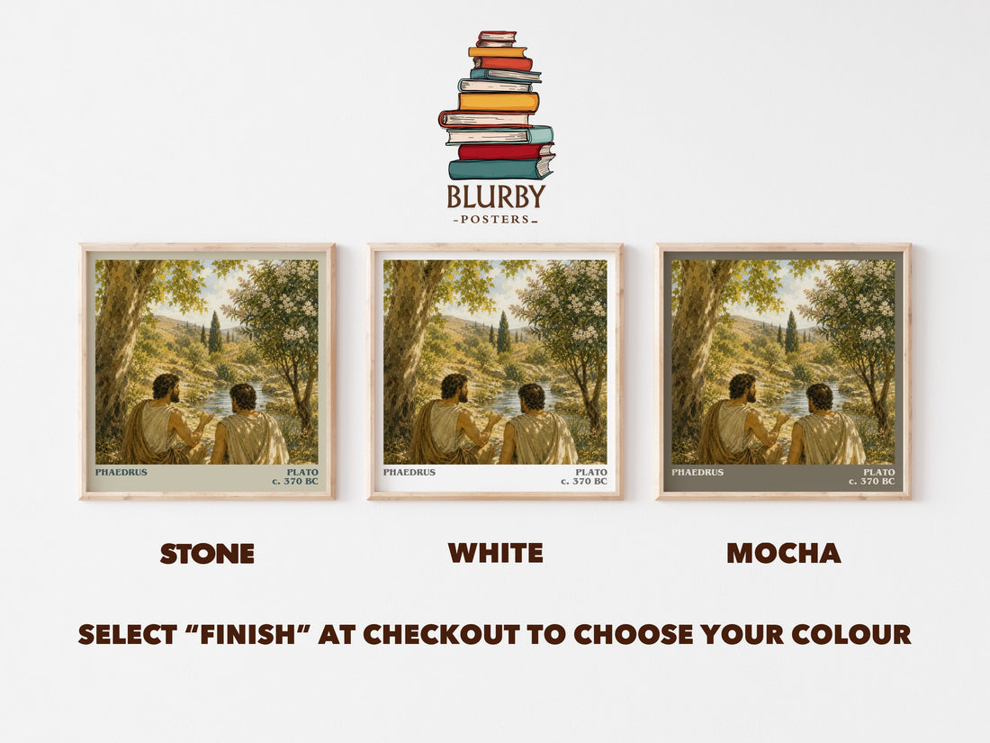 Phaedrus literary print framed by window – Stone, White and Mocha square prints side by side – choose your colour