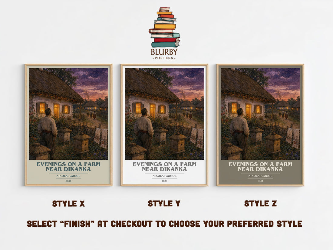 Evenings On A Farm Near Dikanka book cover print in frame leaning in hallway – classic literature wall art (mockup)