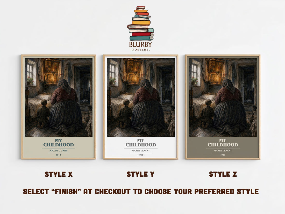 My Childhood book cover print in frame leaning in hallway – memoir wall art (mockup)