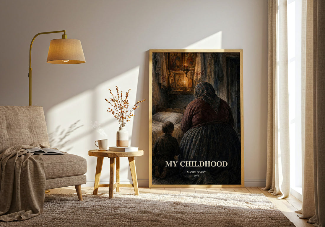 My Childhood watercolour print in frame leaning in hallway – memoir wall art