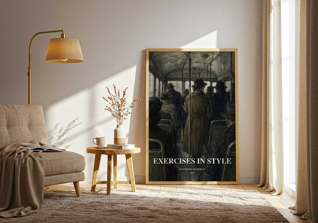 Exercises in Style watercolour print in frame leaning in hallway – literary fiction wall art