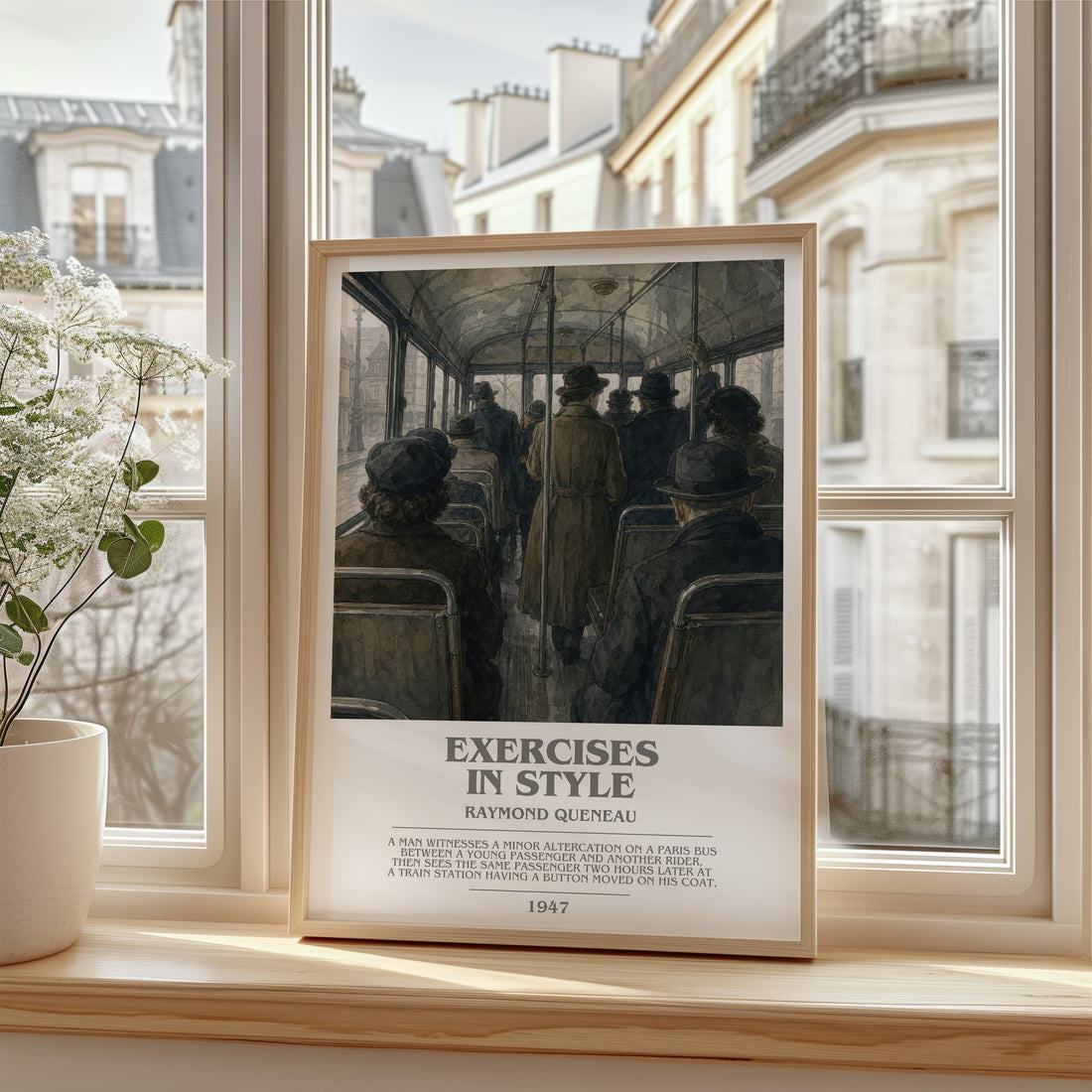 Exercises in Style Bookish Wall Art by Raymond Queneau – framed print by a bright window