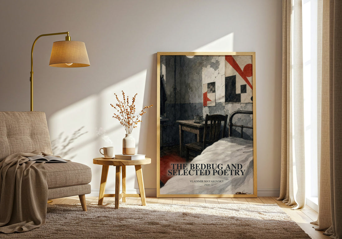 The Bedbug And Selected Poetry watercolour print in frame leaning in hallway – poetry wall art