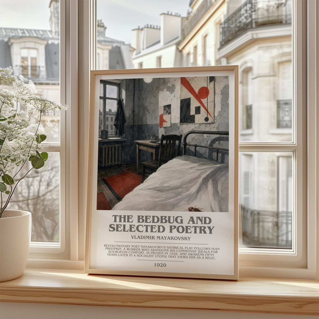 The Bedbug And Selected Poetry Bookish Wall Art by Vladimir Mayakovsky – framed print by a bright window