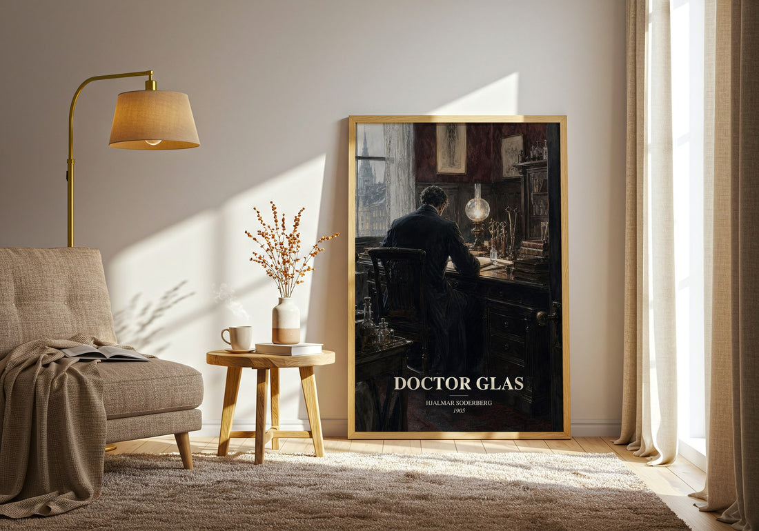 Doctor Glas watercolour print in frame leaning in hallway – literary fiction wall art