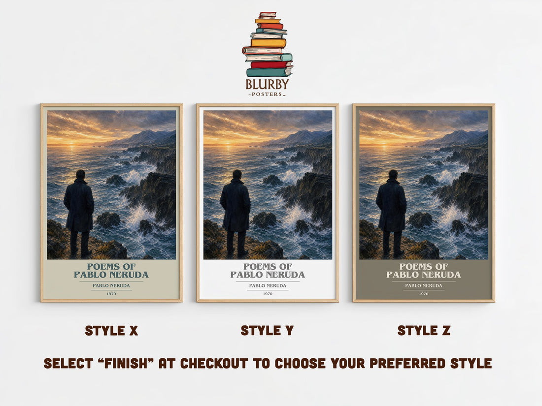 Poems of Pablo Neruda book cover print in frame leaning in hallway – poetry wall art (mockup)