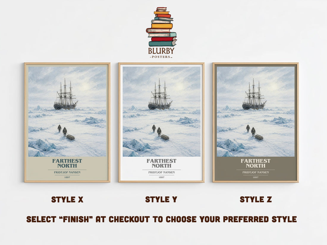 Farthest North book cover print in frame leaning in hallway – memoir wall art (mockup)