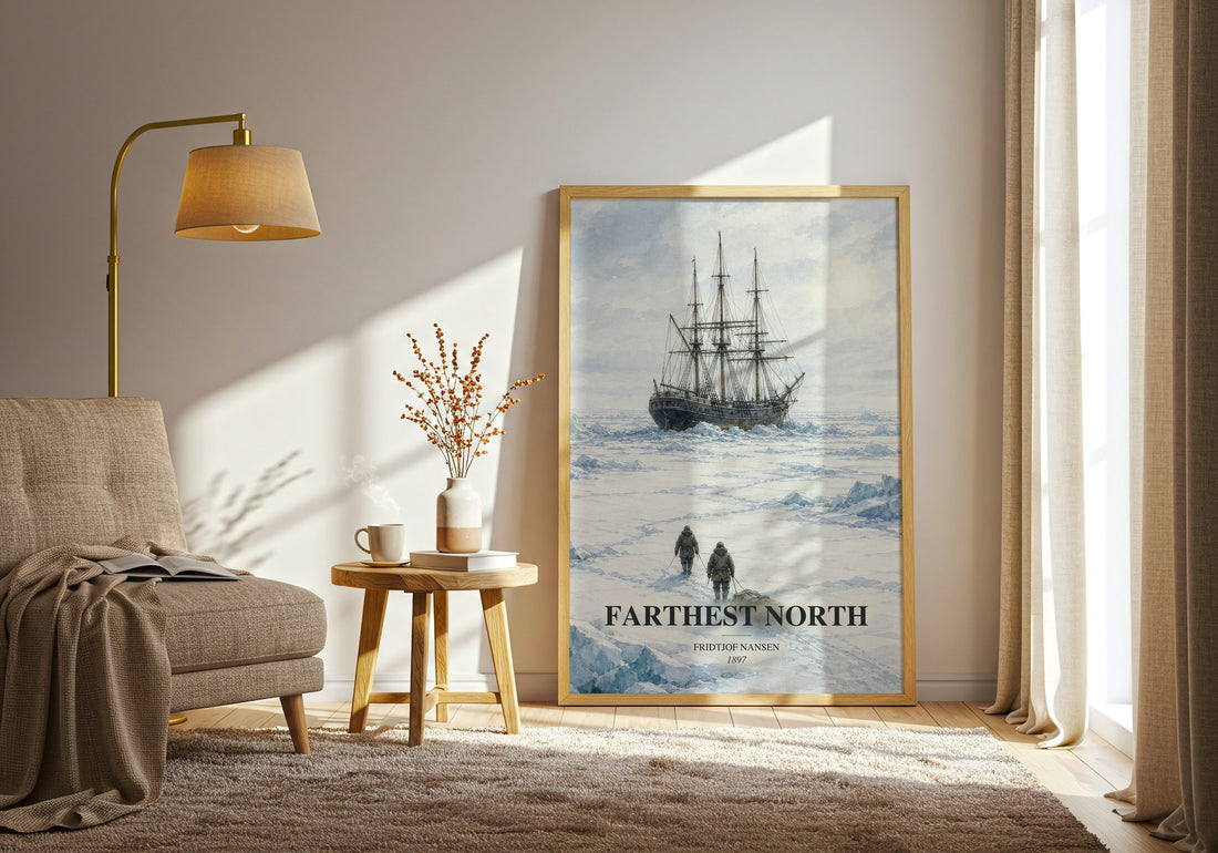 Farthest North watercolour print in frame leaning in hallway – memoir wall art