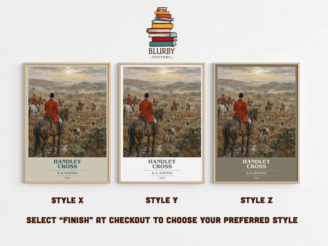 Handley Cross book cover print in frame leaning in hallway – satire wall art (mockup)