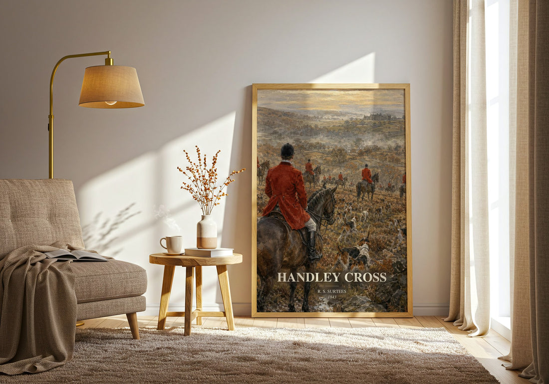 Handley Cross watercolour print in frame leaning in hallway – satire wall art