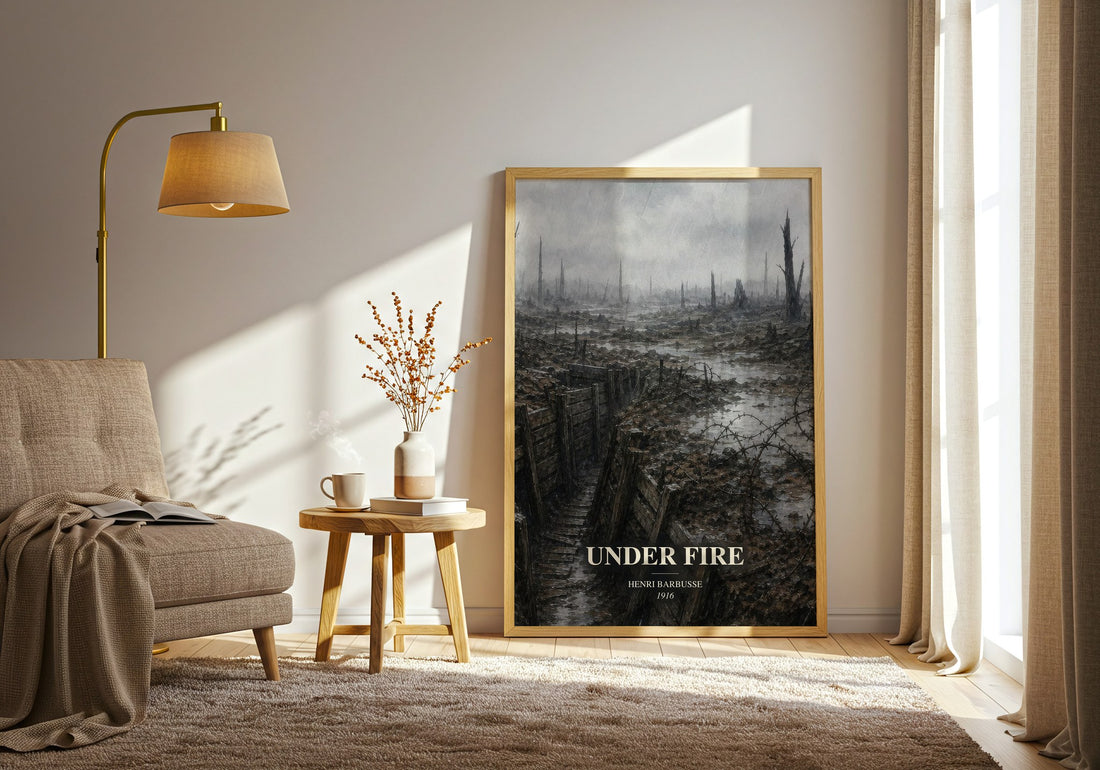 Under Fire watercolour print in frame leaning in hallway – literary fiction wall art