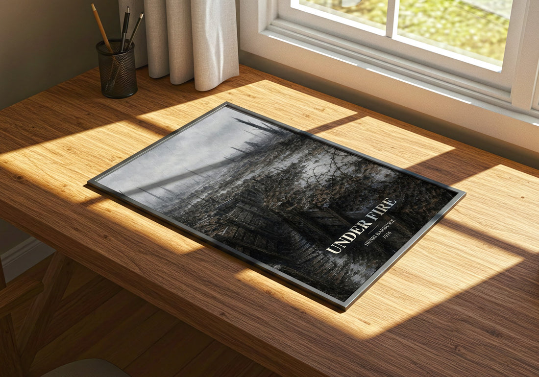 Under Fire watercolour book poster framed on wall – literary fiction wall art
