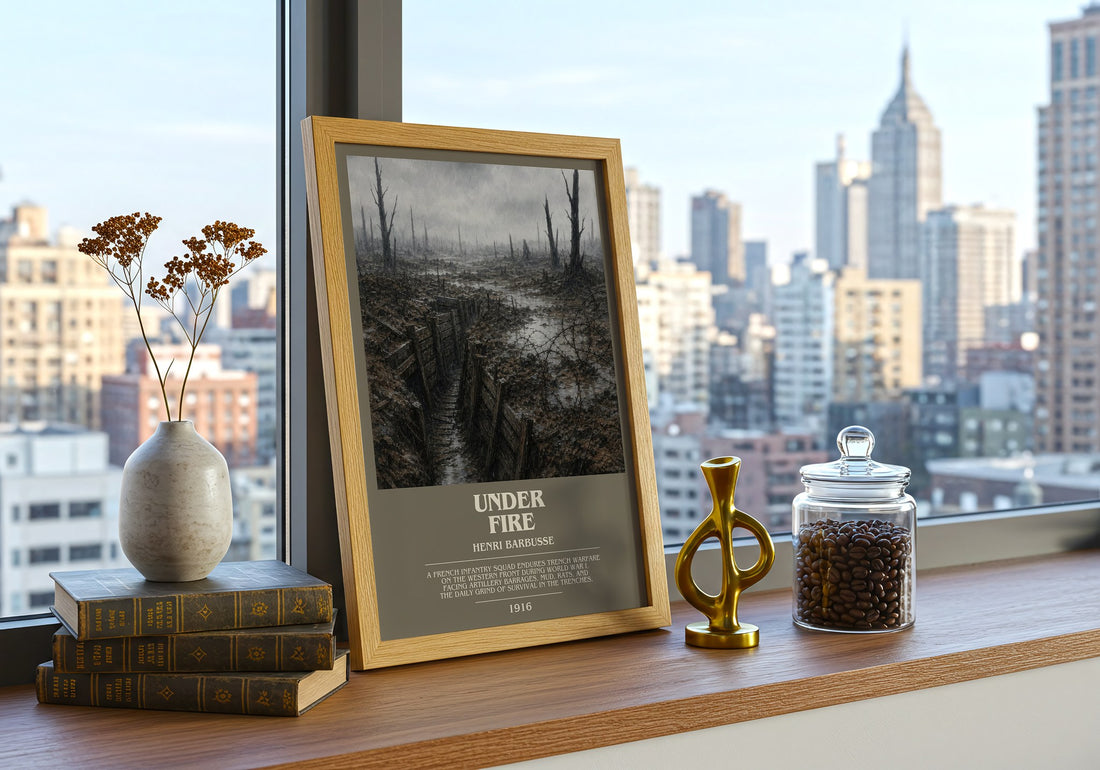 Under Fire Bookish Wall Art by Henri Barbusse – framed print on a city-view windowsill