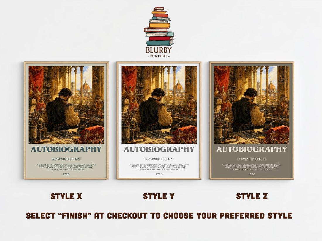Autobiography Bookish Wall Art by Benvenuto Cellini – Style X, Y and Z side by side – choose your finish