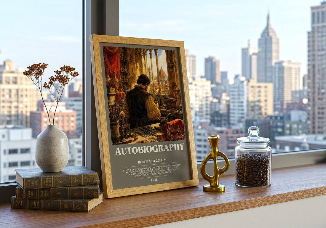 Autobiography Bookish Wall Art by Benvenuto Cellini – framed print on a city-view windowsill