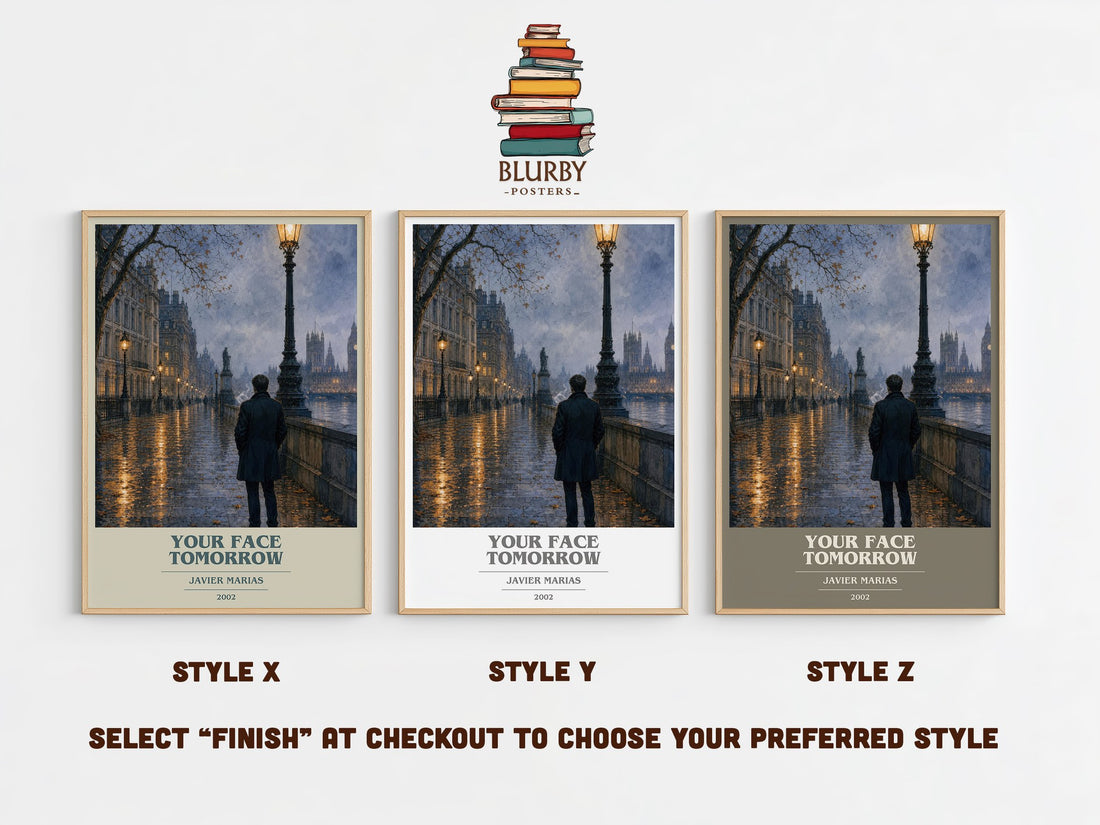 Your Face Tomorrow book cover print in frame leaning in hallway – literary fiction wall art (mockup)