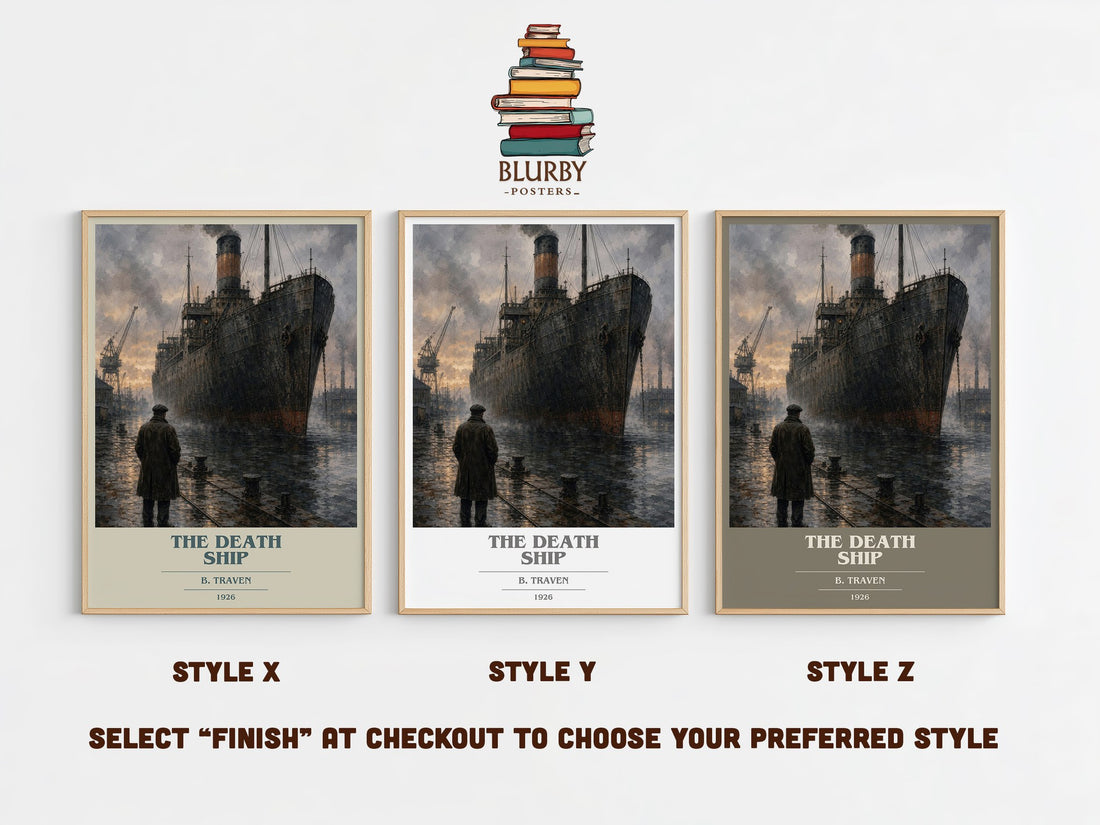 The Death Ship book cover print in frame leaning in hallway – literary fiction wall art (mockup)