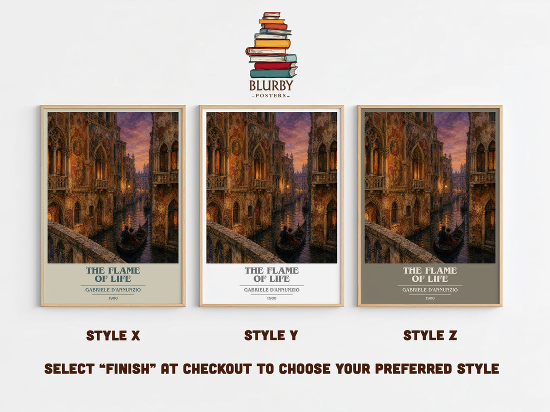 The Flame Of Life book cover print in frame leaning in hallway – literary fiction wall art (mockup)