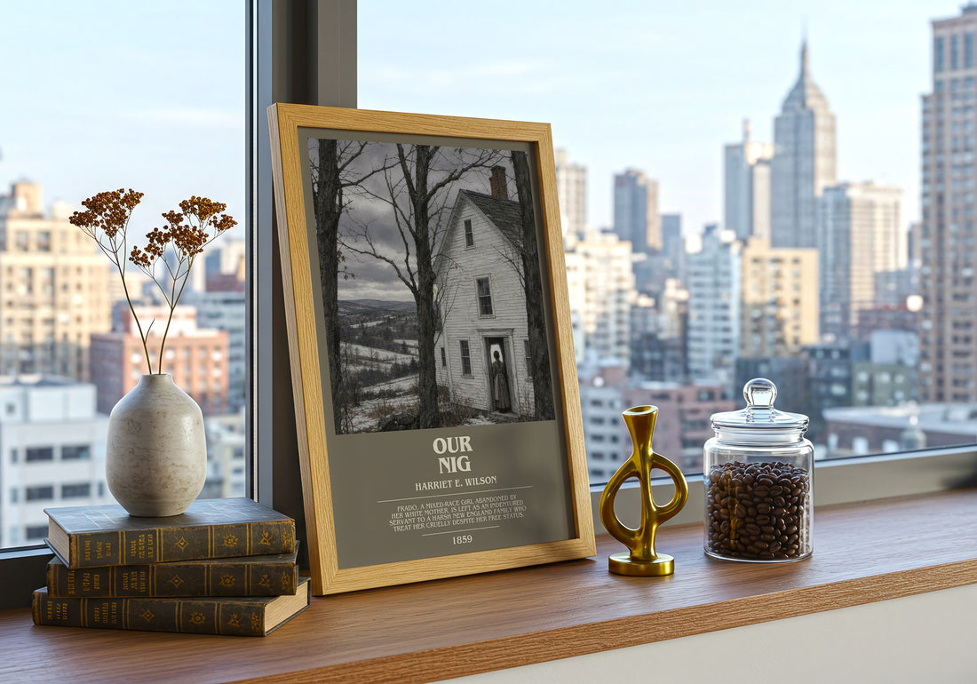 Our Nig Bookish Wall Art by Harriet E. Wilson – framed print on a city-view windowsill