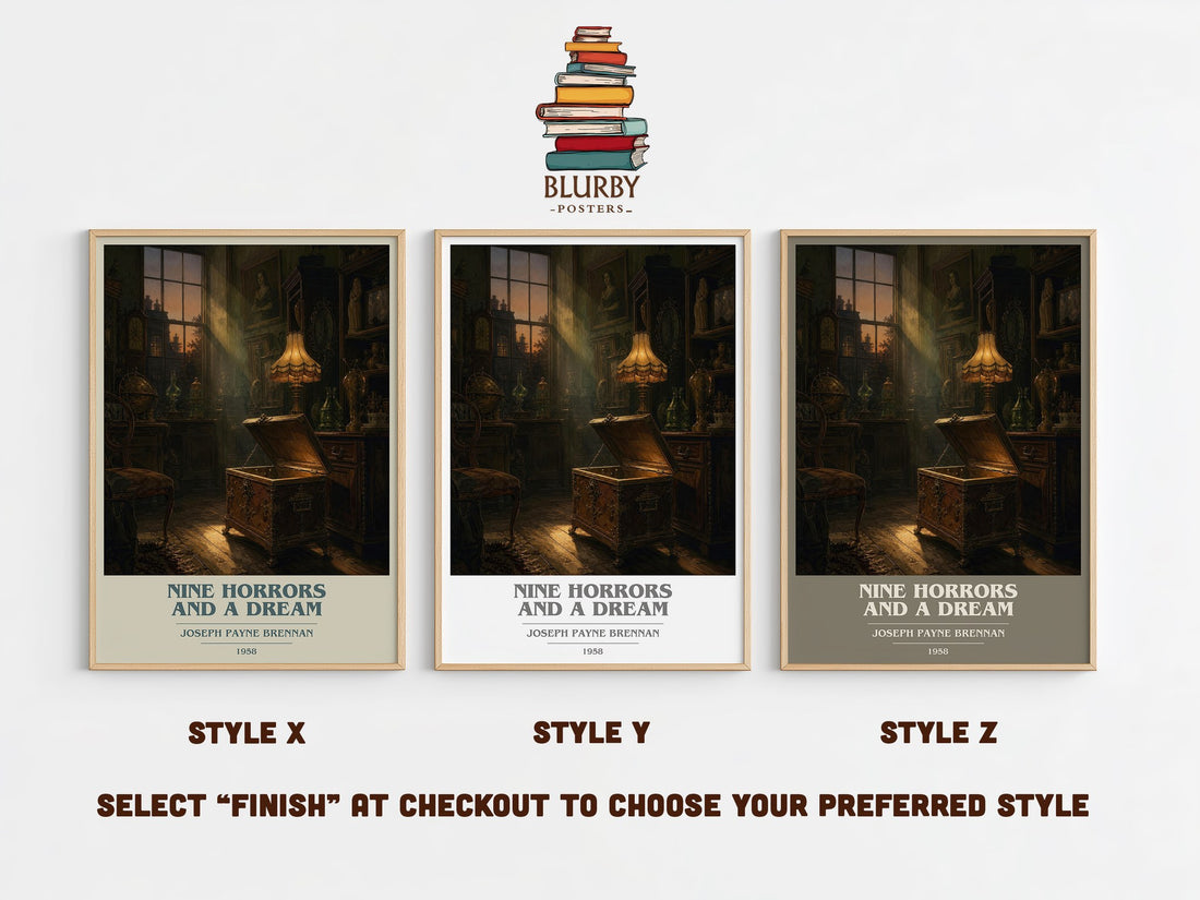 Nine Horrors And A Dream book cover print in frame leaning in hallway – horror wall art (mockup)