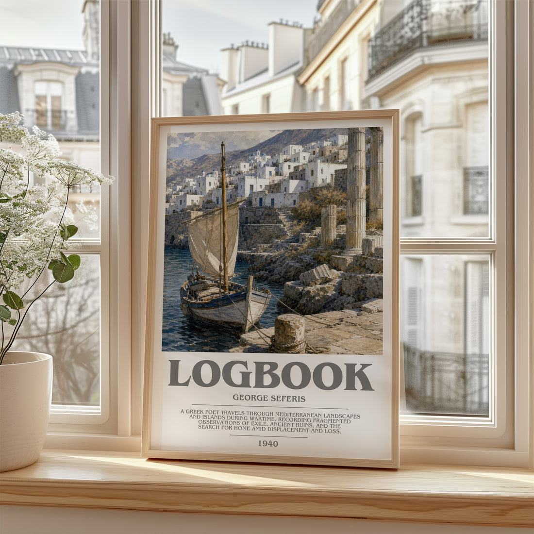 Logbook Bookish Wall Art by George Seferis – framed print by a bright window