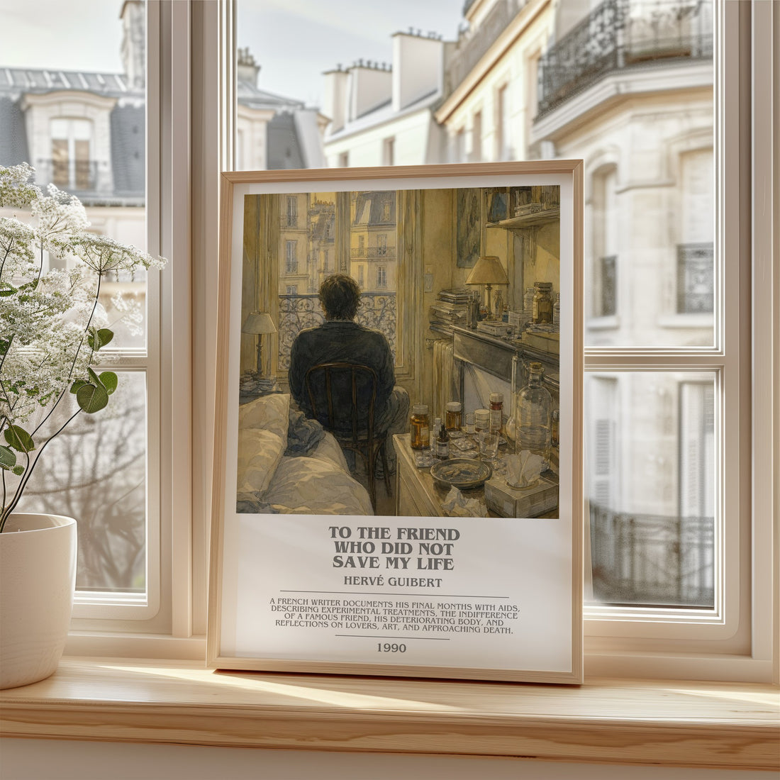 To The Friend Who Did Not Save My Life Bookish Wall Art by H. Guibert – framed print by a bright window