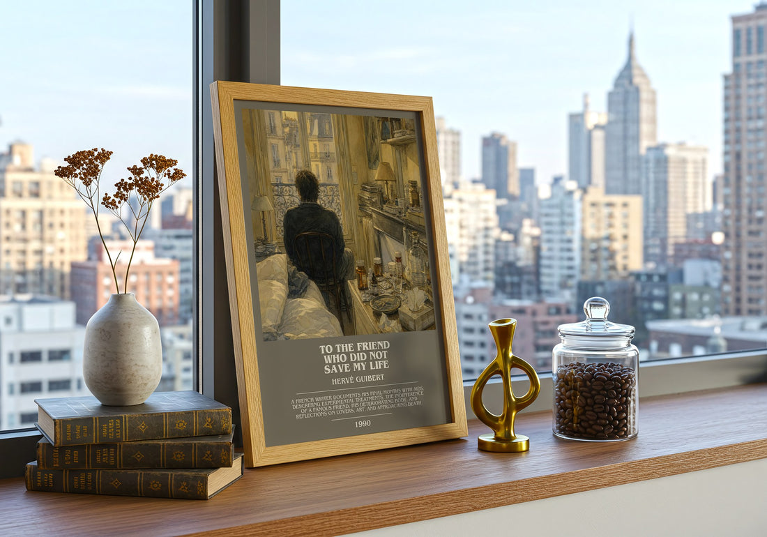 To The Friend Who Did Not Save My Life Bookish Wall Art by H. Guibert – framed print on a city-view windowsill