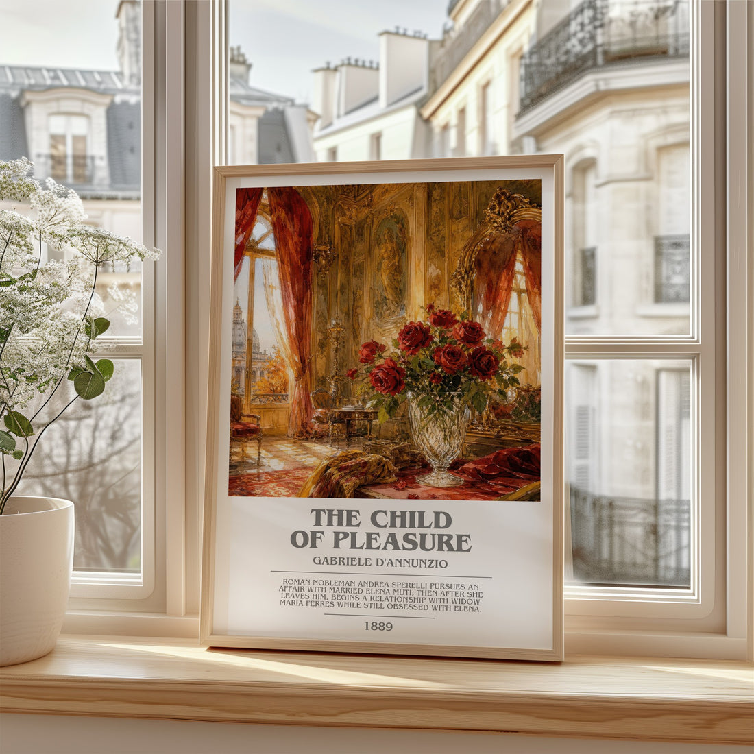 The Child Of Pleasure Bookish Wall Art by Gabriele D'Annunzio – framed print by a bright window