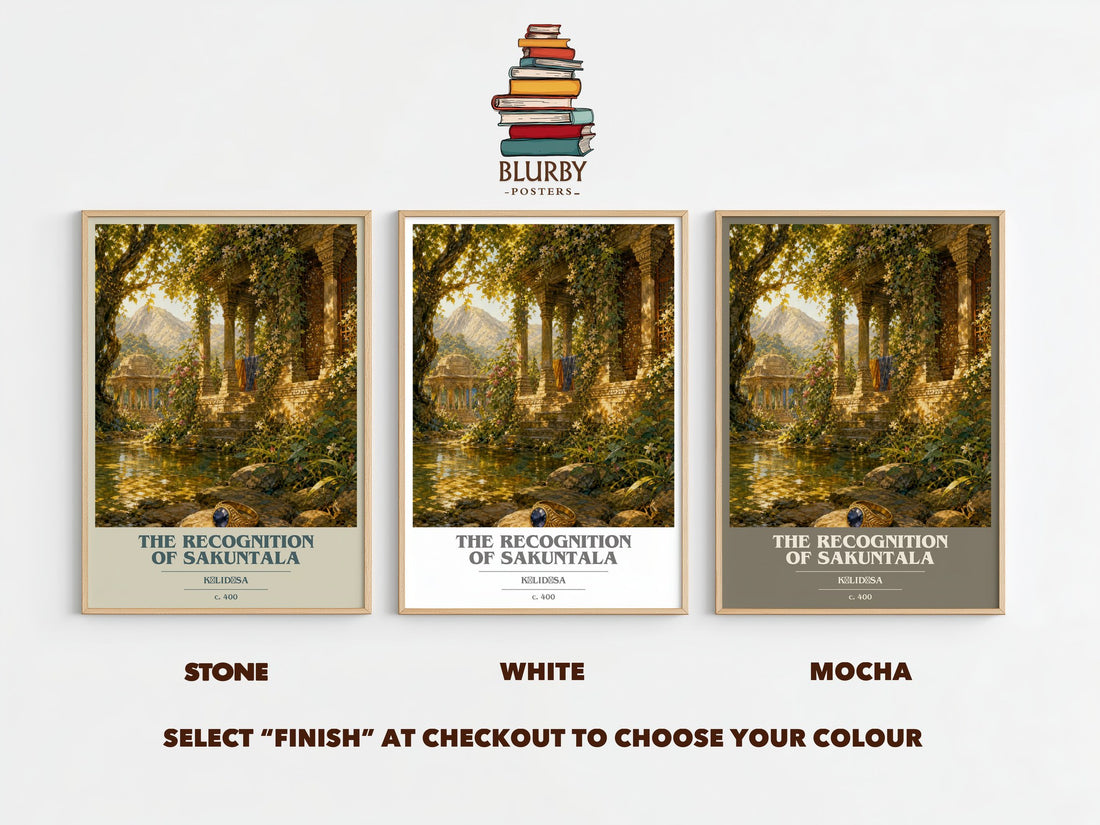 The Recognition of Sakuntala book cover print framed by window – Stone, White and Mocha side by side – choose your colour
