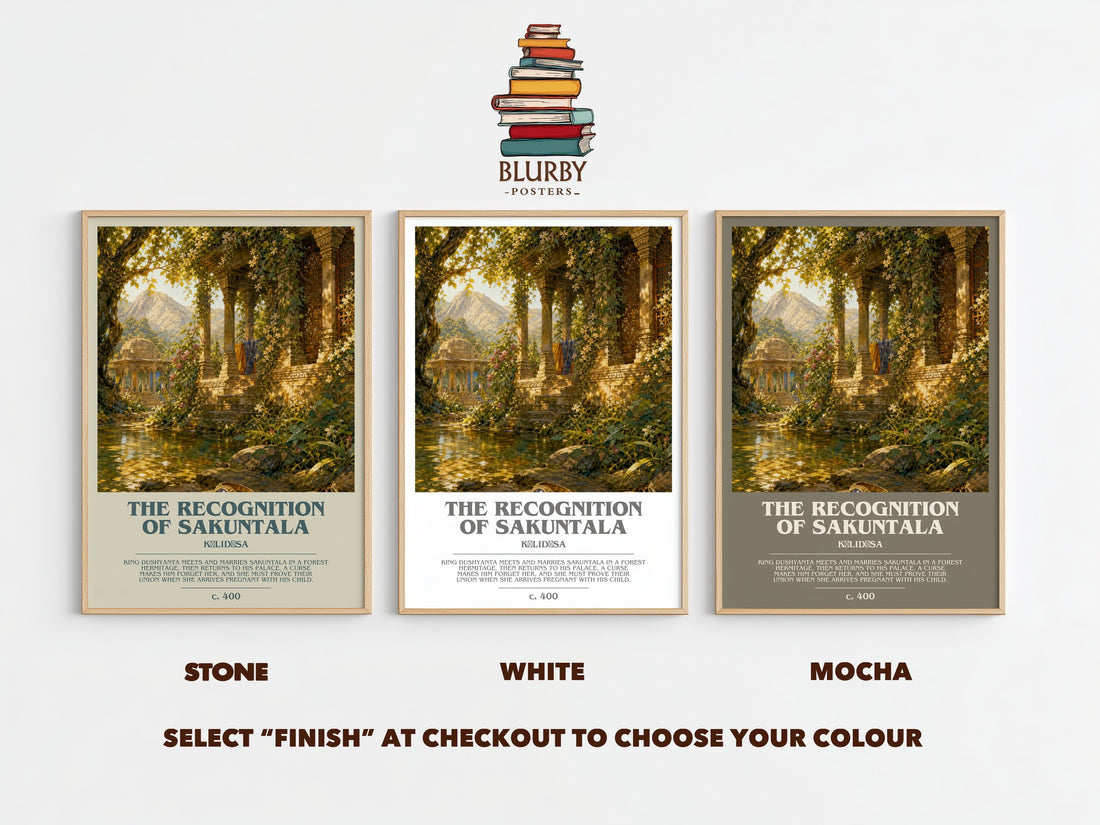 The Recognition of Sakuntala bookish print framed by window – Stone, White and Mocha side by side – choose your colour
