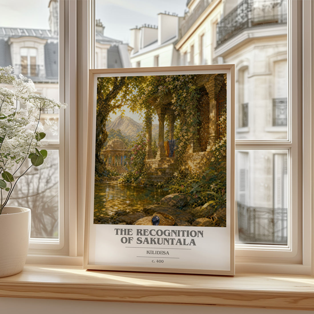 The Recognition of Sakuntala book cover print in frame leaning in hallway – poetry wall art