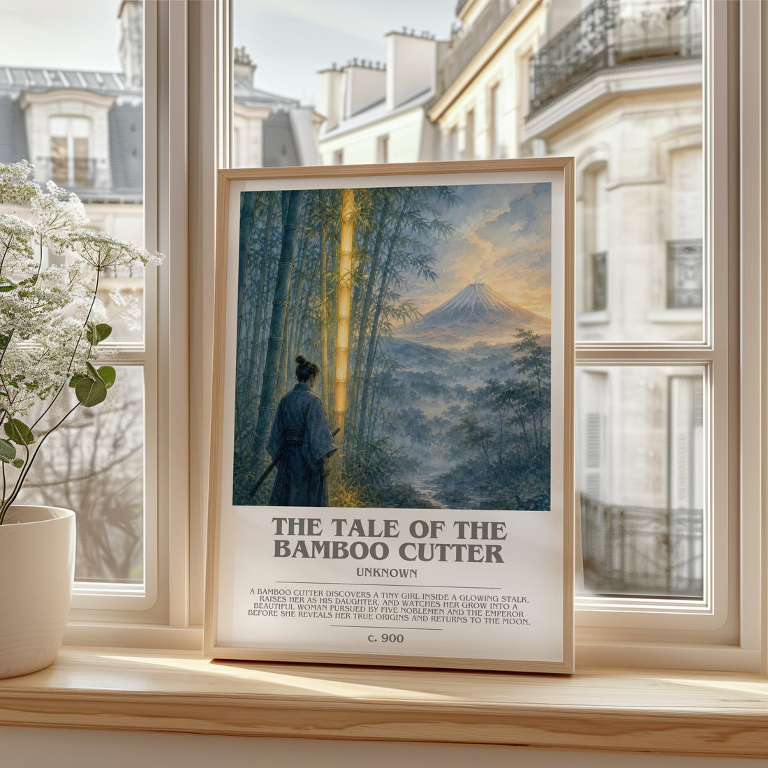 The Tale of the Bamboo Cutter bookish print in frame leaning in hallway – classic literature wall art