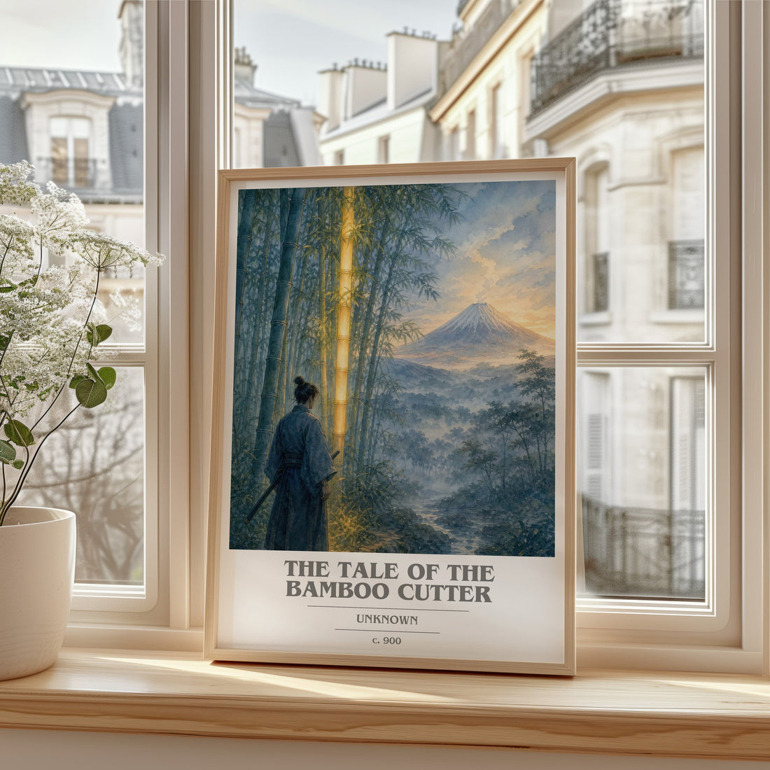 The Tale of the Bamboo Cutter book cover print in frame leaning in hallway – classic literature wall art