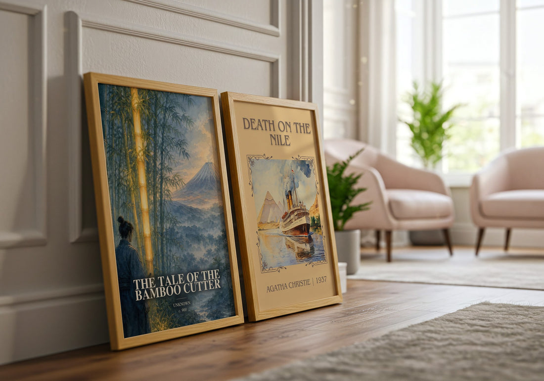 The Tale of the Bamboo Cutter watercolour print framed by window – literary home decor