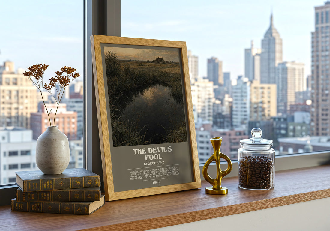 The Devil's Pool Bookish Wall Art by George Sand – framed print on a city-view windowsill