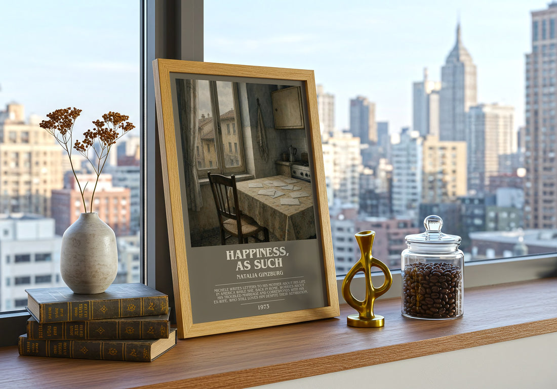 Happiness, as Such Bookish Wall Art by Natalia Ginzburg – framed print on a city-view windowsill