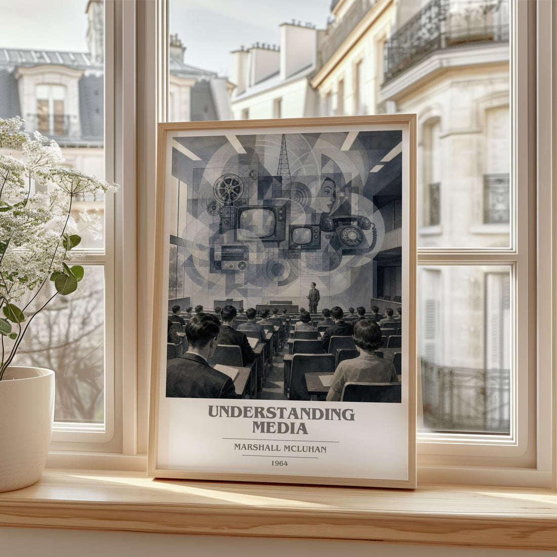 Understanding Media book cover print in frame leaning in hallway – non fiction wall art