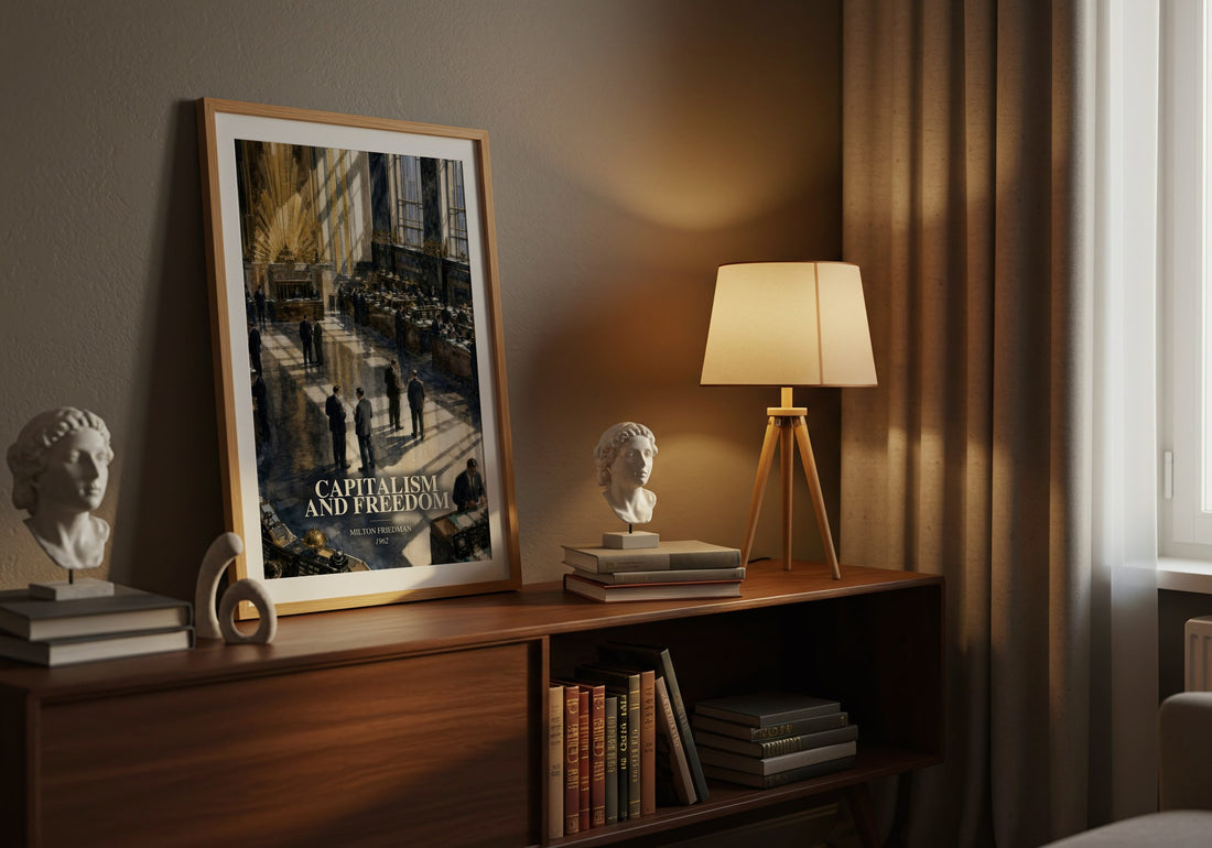 Capitalism and Freedom watercolour print on bookshelf – Milton Friedman fan gift