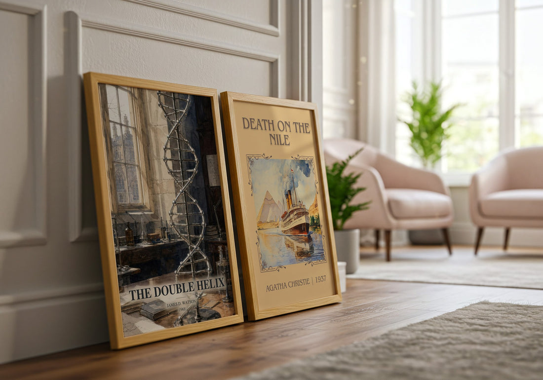 The Double Helix watercolour print framed by window – literary home decor