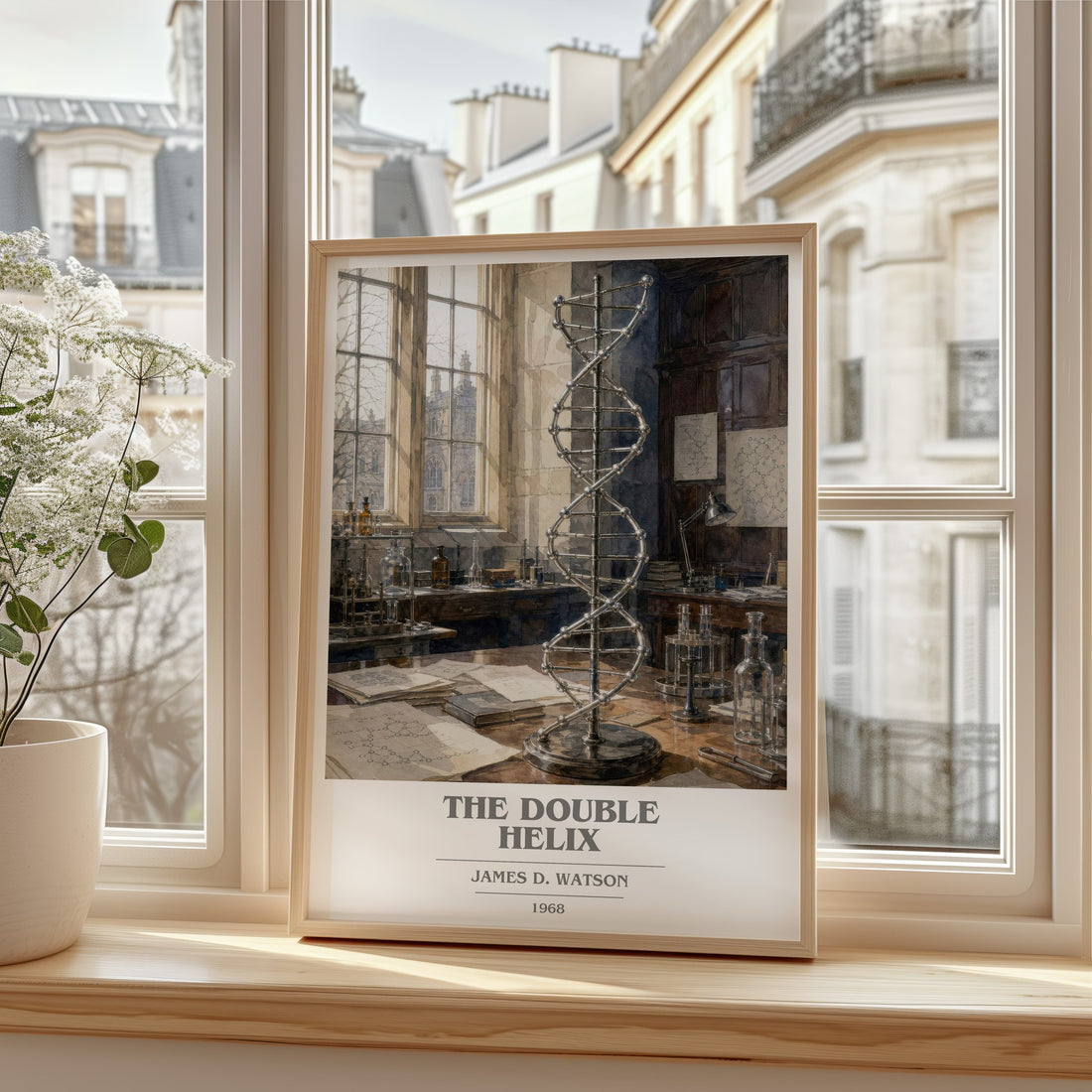 The Double Helix book cover print in frame leaning in hallway – memoir wall art